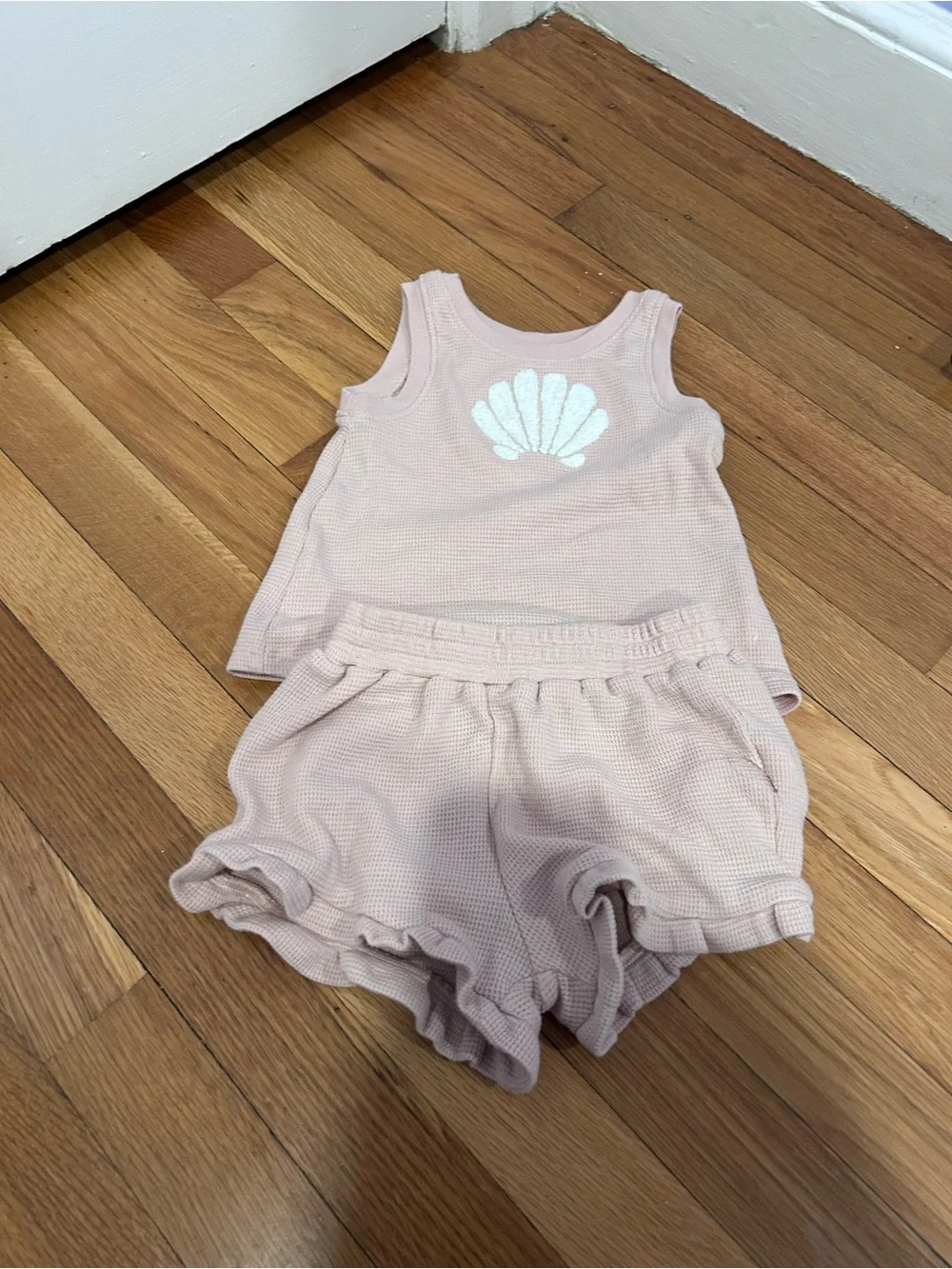 cloud island Light Pink Waffle Knit Shell Tank & Ruffle Shorts Set